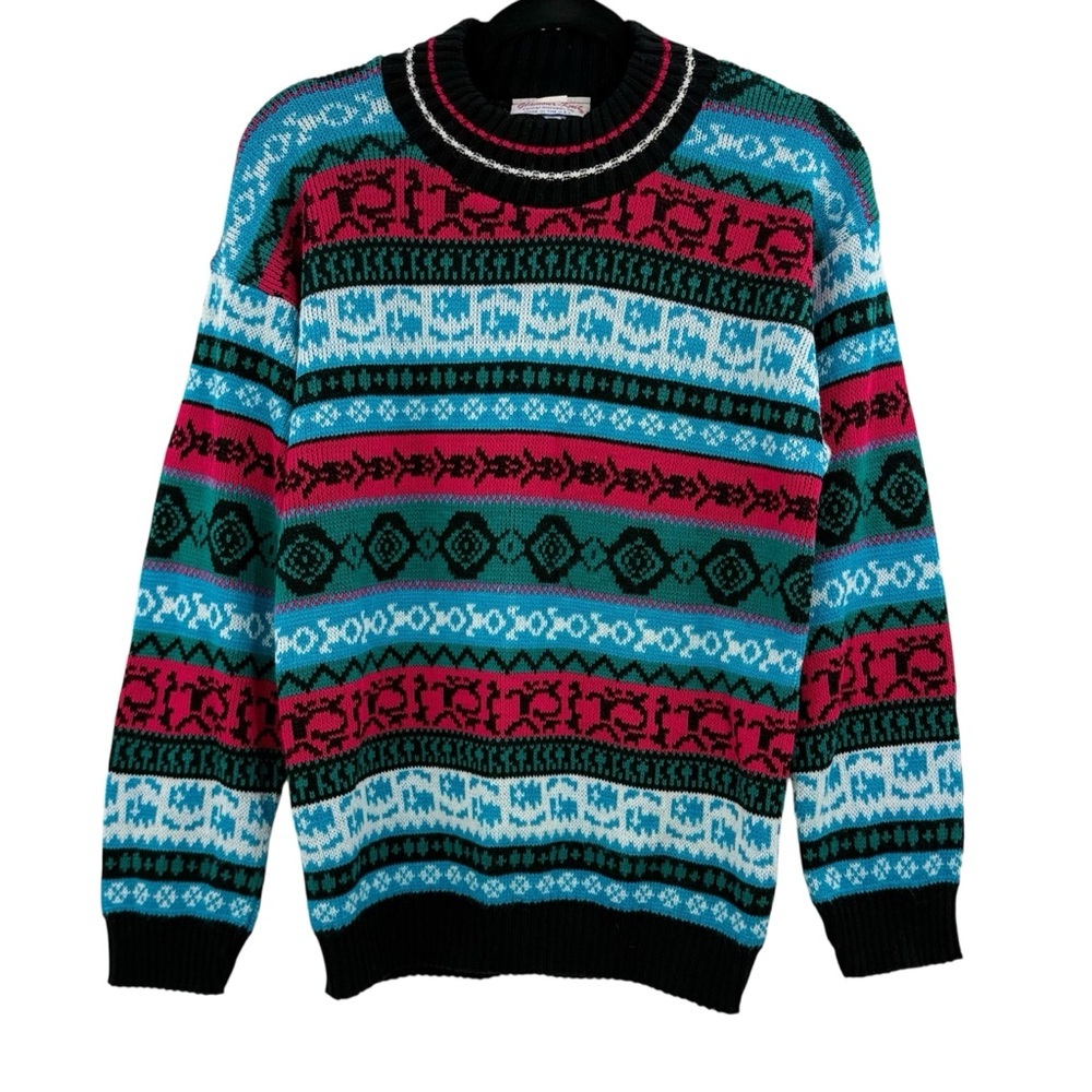 Vintage Nordic Fair Isle Ski Sweater 90s Alpine Lodge Bold Pattern Knit